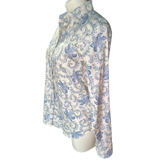 Chaps Black Label Womens M No Iron Blue White Floral Button Shirt Logo Buttons - Picture 9 of 16